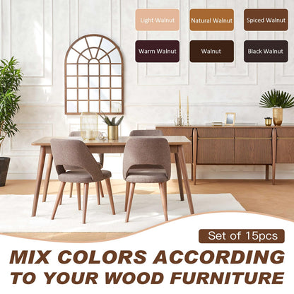 Wood Furniture Repair Kit, 6 Colors Wood Filler Hardwood Laminate Vinyl Floor Repair Kit with Wood Putty, Wood Polish Wax for Hole, Scratch, Crack, Stain (Walnut Wood 15Pcs)
