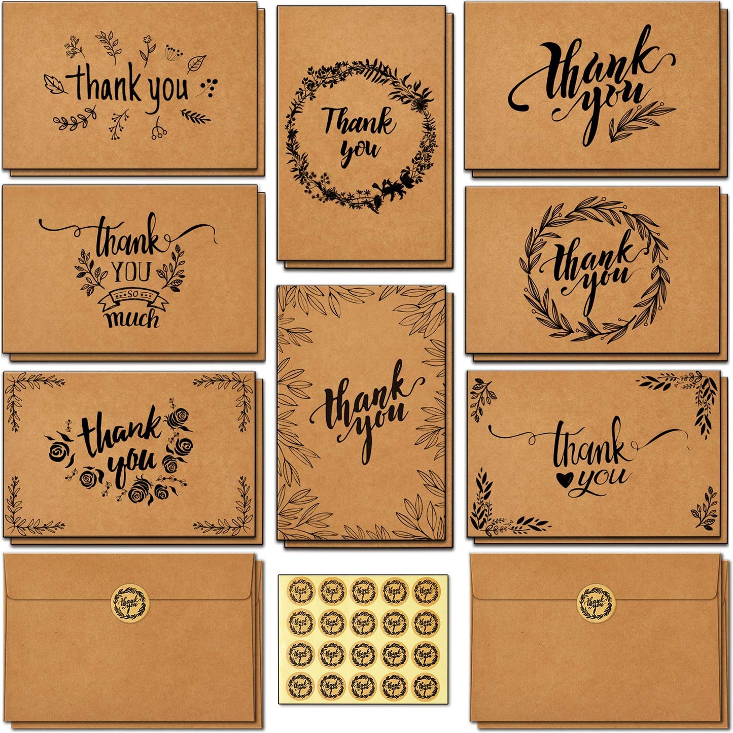 144 Thank You Cards Bulk, Brown Kraft 4x6 Inch Thank You Notes with Envelopes and Stickers, 6 Elegant Designs Greeting Cards for Business, Wedding, Baby Shower, Blank Inside
