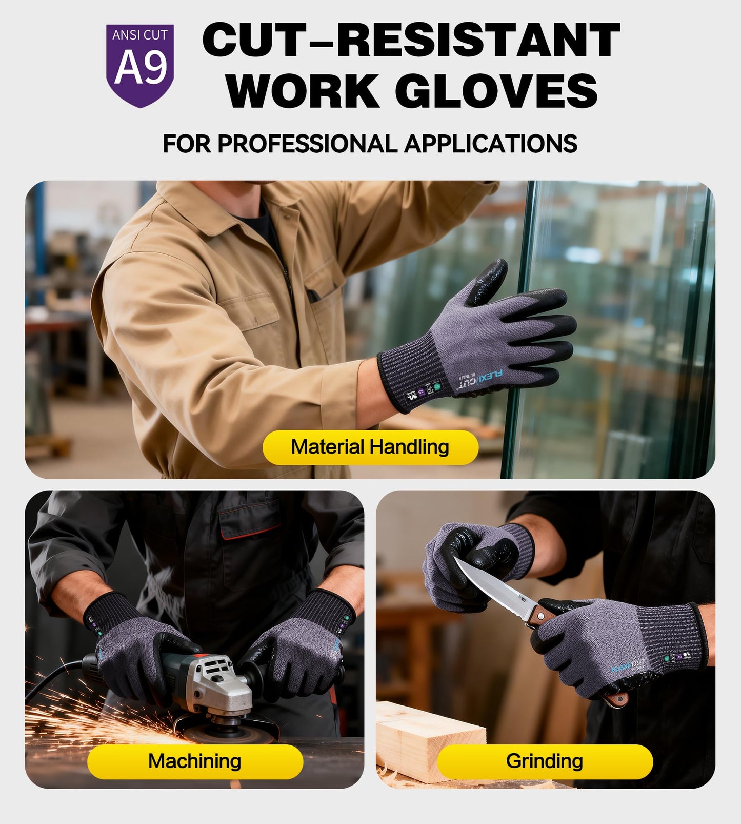 JDL ANSI A9 Cut Resistant Work Gloves, Highest Level Extreme Protection, Cutting Gloves with Reinforced Thumb, Non Slip, Breathable, Durable, Touch-screen, Black, Large