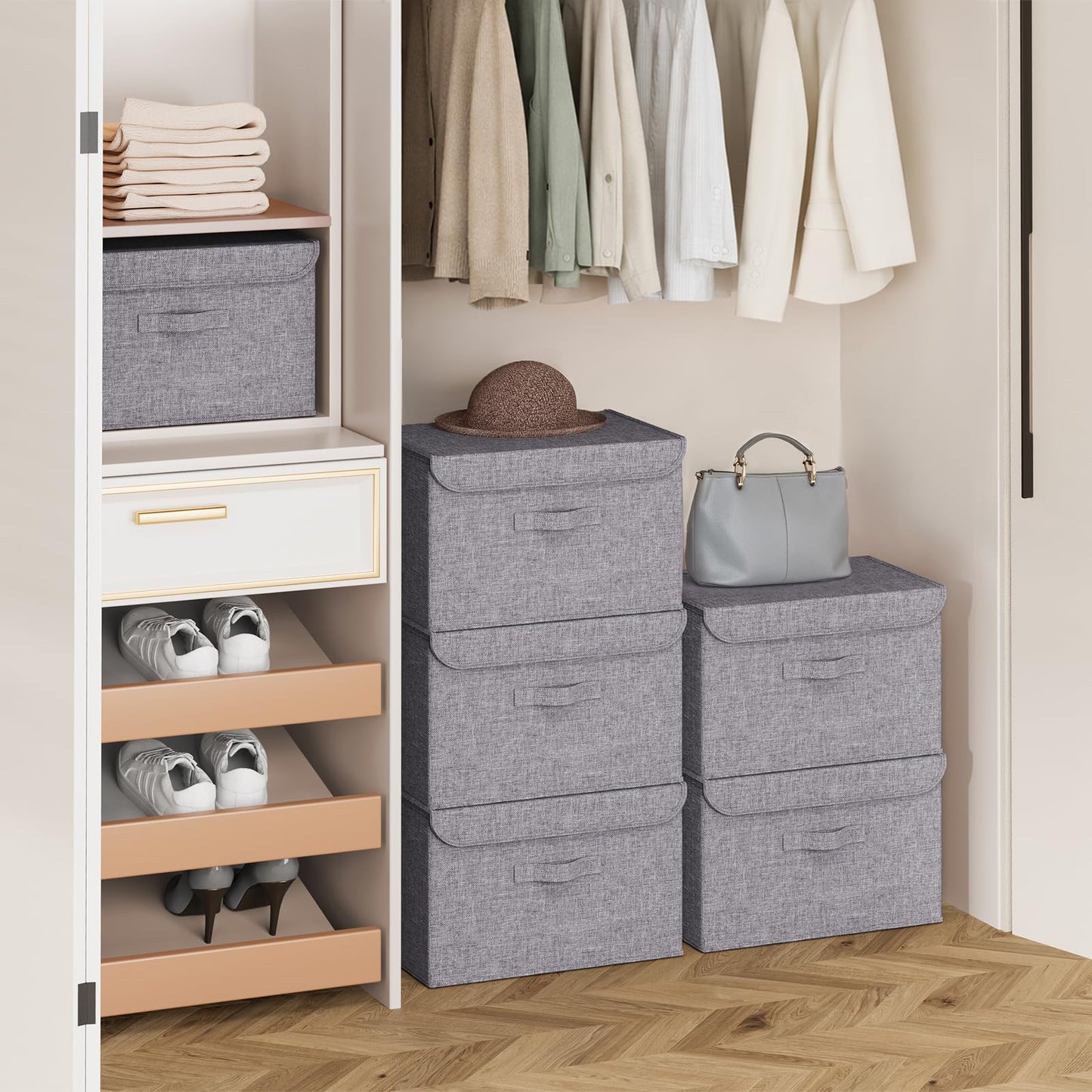 DIMJ Fabric Storage Box with Lid - 2Pcs Closet Storage Bin with Handle Organizer and Storage Foldable Decorative Basket with Lid Storage Containers Clothes,Bedroom, Office(Dark Grey)
