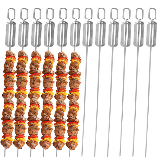 BBQ Skewers, Premium 304 Stainless Steel BBQ Skewers,15 Inch Heavy Duty Metal Kabob Sticks for Grilling, Reusable & Dishwasher Safe (12)