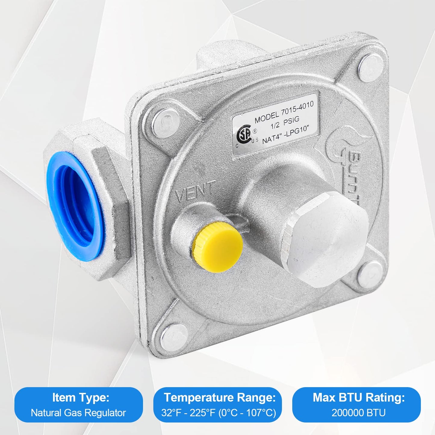 Catilon Natural Gas Pressure Regulator 3/4" FNPT, Gas Propane Pressure Regulator with 1/2 PSIG Inlet Pressure and 4"-10" WC Outlet, for LPG/NG Grill Regulator