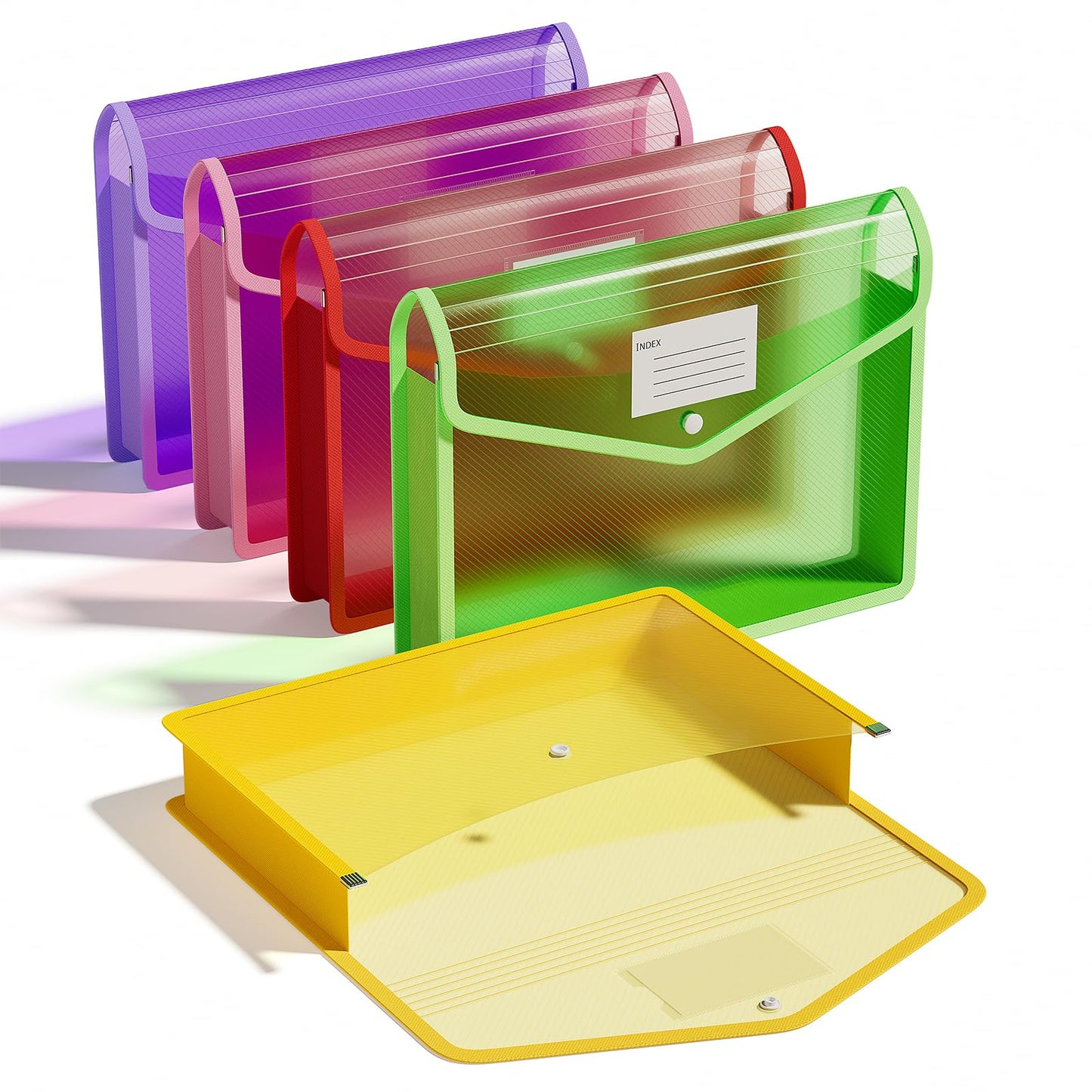 ThinkTex Plastic Expanding File Folder, Transparent Envelopes with Snap Closure,Suitable for Home, Office, School and Hospital, Large Capacity，No Dividers, Dopamine-5-Color, Fit Letter/A4 Size-5 Pcs