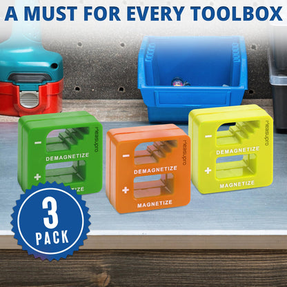 MeasuPro Demagnetizer and Magnetizer For Screwdrivers Tips, Bits, and Small Tools, Large or Big Screws, Drills, Drill Bits, Sockets, Nuts And Nails, 3 Pack Green, Yellow, Orange