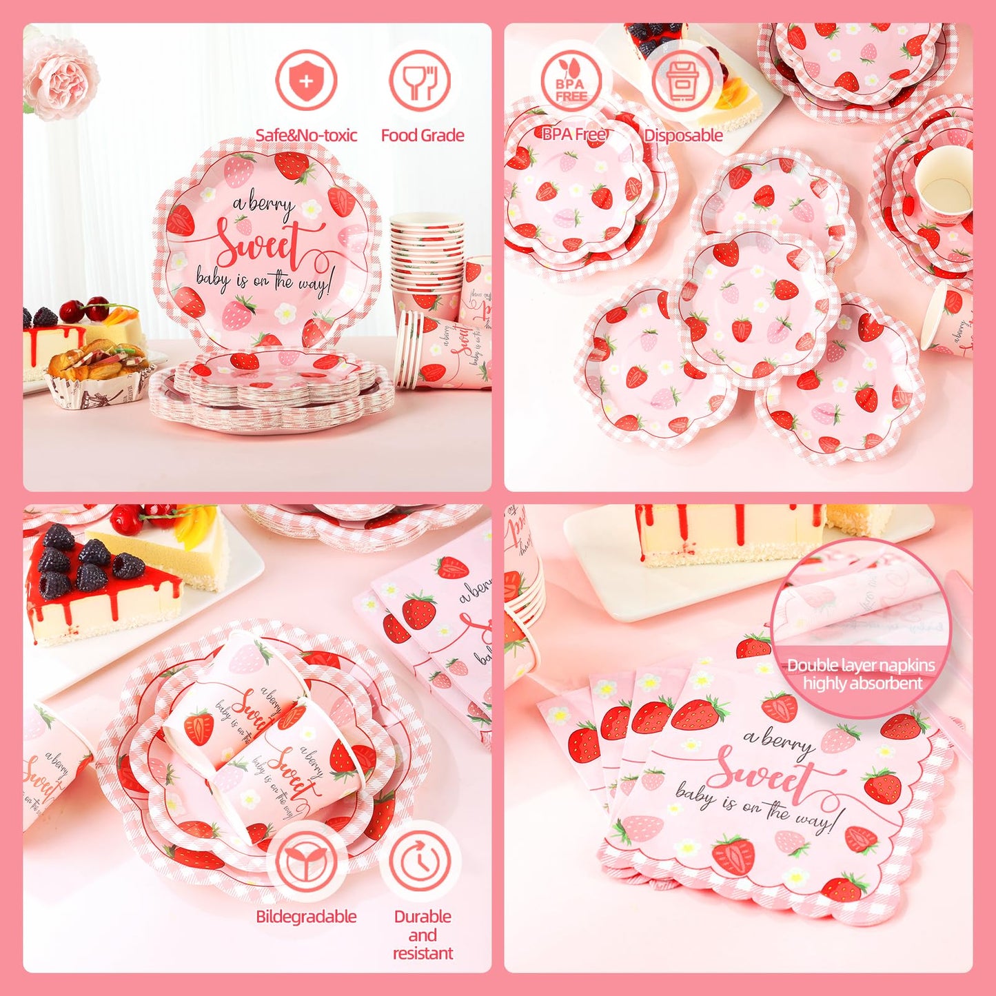 Gudvilla Strawberry Baby Shower Decorations for Girl, Baby Shower Plates and Cups and Napkins Sets Serves 24, Strawberry Plates, A Berry Sweet Baby Is On The Way Decorations, Berry Sweet Party
