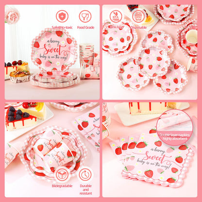 Gudvilla Strawberry Baby Shower Decorations for Girl, Baby Shower Plates and Cups and Napkins Sets Serves 24, Strawberry Plates, A Berry Sweet Baby Is On The Way Decorations, Berry Sweet Party