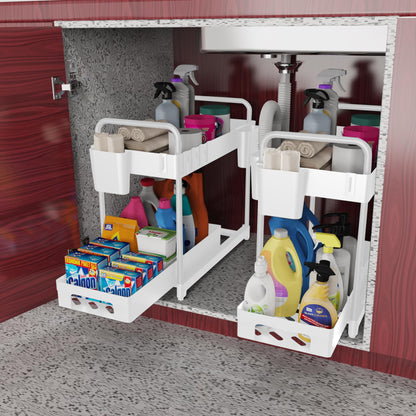 2 Pack Under Sink Organizer for Efficiently Utilizing Space, 2 Tier Bathroom Cabinet Organizers and Storage, Multi-purpose Kitchen Organizer and Storage with Hooks and Cups(White)