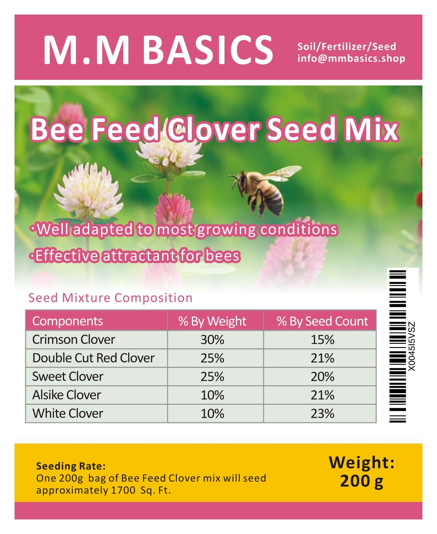 Bee Feed Clover Seed Mix, with Crimson Clover, Red Clover, Sweet Clover, Alsike Clover, White Clover (Bee Feed Clover Seed Mix 200 g)