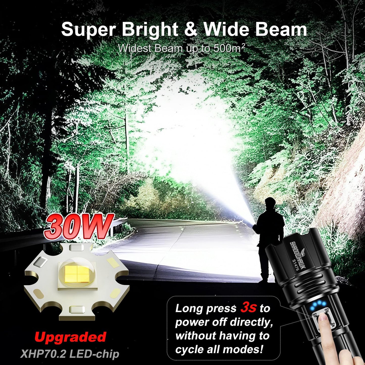 Shadowhawk Flashlight Rechargeable 1000000lm Flash Light Led flashlights high lumens, Super Bright Flashlight Tactical, XHP70.2 Powerful Flashlight USB,Waterproof Lampe de poche for Camping Emergency
