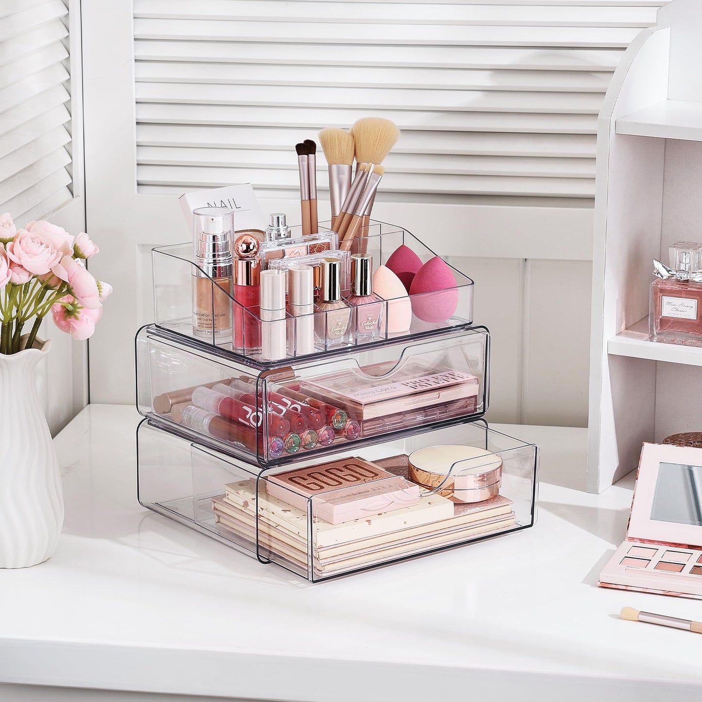 Vtopmart 3 Tier Clear Makeup Organizer with Drawer, Cosmetic Storage for Dresser Countertop and Bathroom Vanity, Skincare Organizer for Lipstick Brush Holders