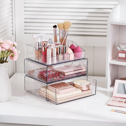 Vtopmart 3 Tier Clear Makeup Organizer with Drawer, Cosmetic Storage for Dresser Countertop and Bathroom Vanity, Skincare Organizer for Lipstick Brush Holders
