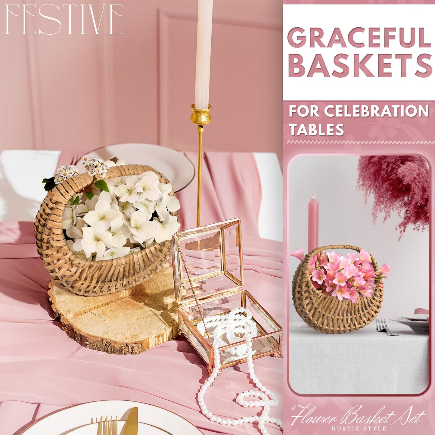 Small Flower Girl Basket Set of 2 - Small Wicker Basket with Handle and Waterproof Lining 6.3" x 5.12" x 3.75" - Tiny Easter Baskets with Rattan Design for Flowers, Sweets, Gifts, Home Decor & Storage