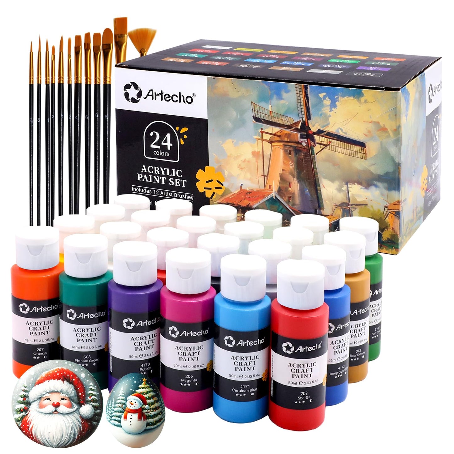 Artecho Acrylic Paint Set 24 Colors 2oz/59ml with 12 Brushes, Painting Kit for Adults, Beginners on Glass, Wood, Ceramic, Rock, Window, Craft, Model