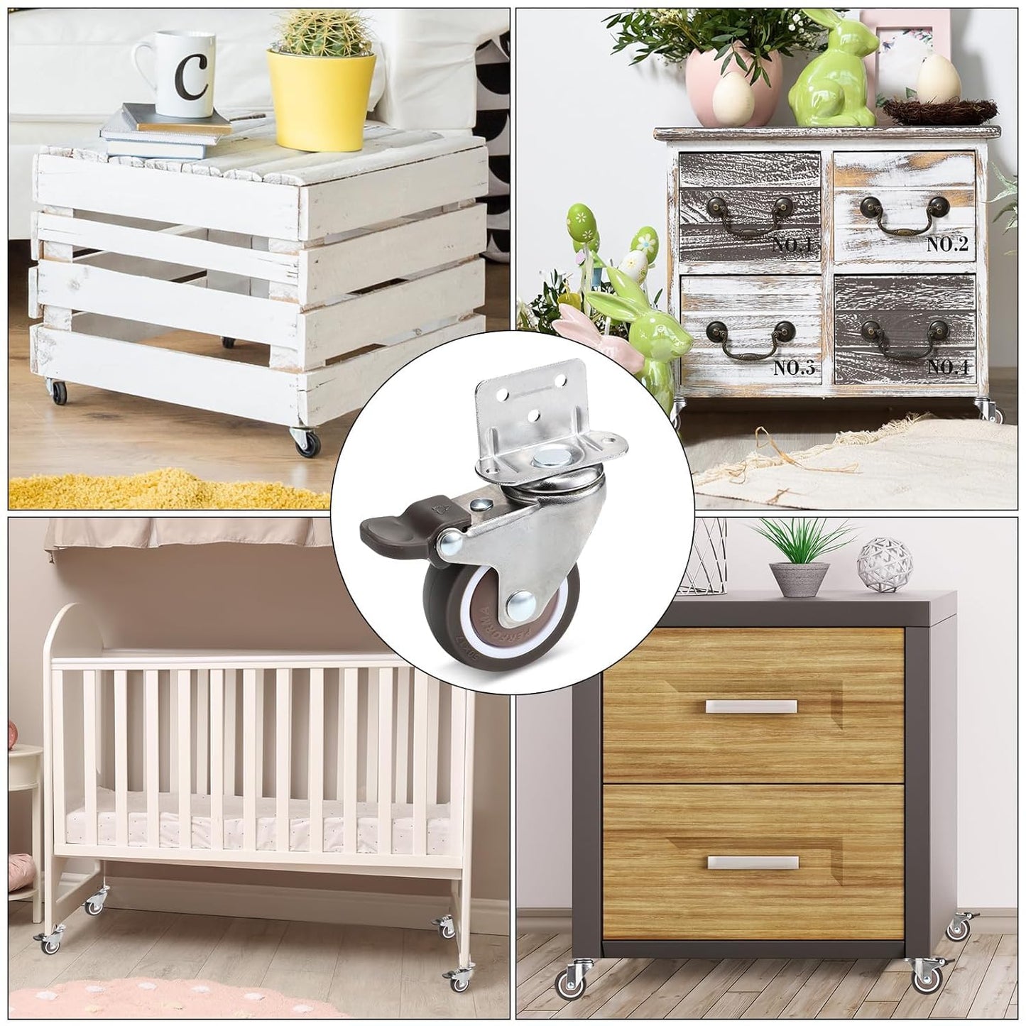 MUDUO 4 Pack Side Mount Casters with Brake 2'' L Shape TPE Plate Casters Small Caster Wheels Furniture Casters 360 Degree Swivel Wheels for Table, Baby Bed, Carts Trolley, Cabinet