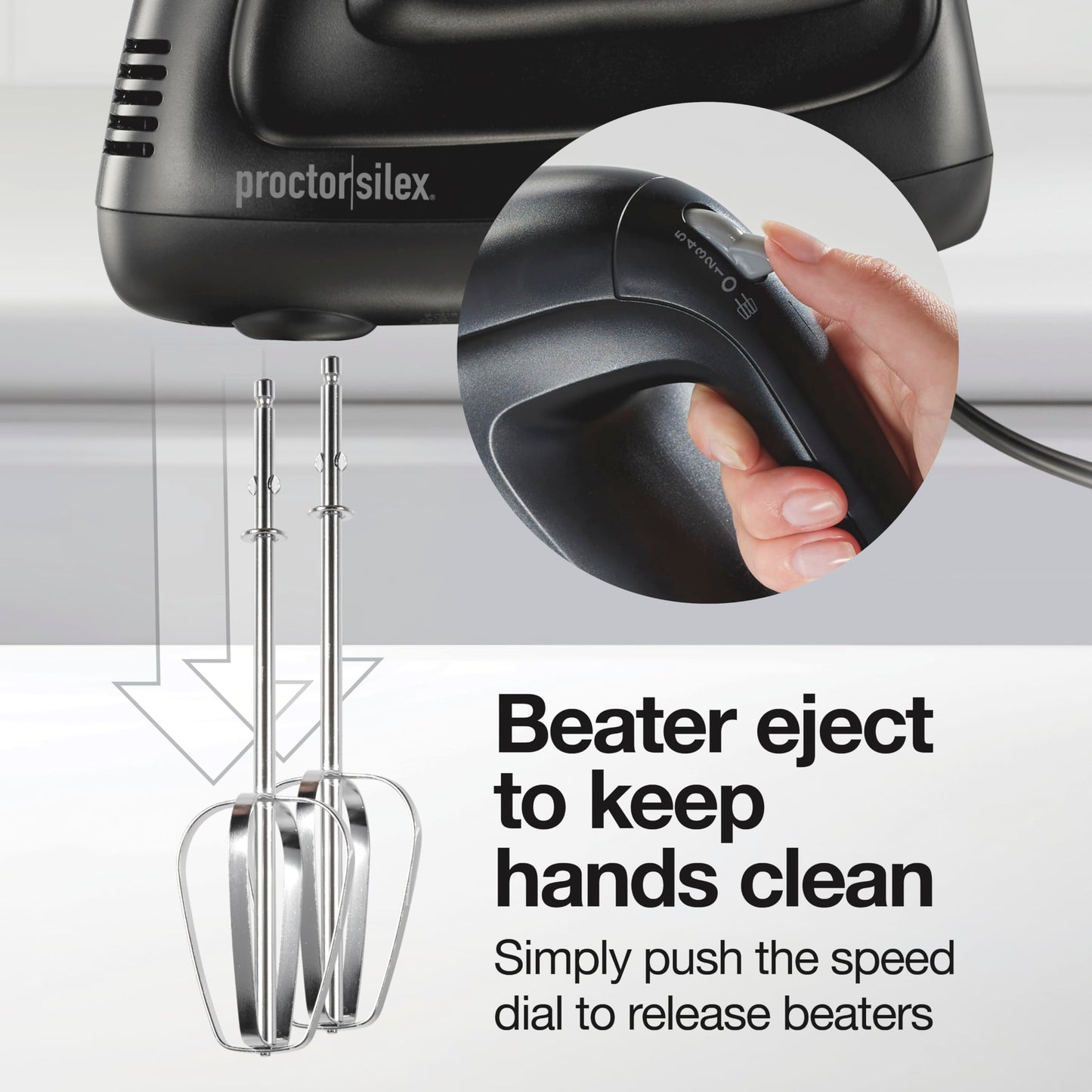 Proctor Silex 5-Speed Electric Hand Mixer for Baking, 100W, Snap-On Storage Case, Lightweight with 2 Beaters, Matte Black (62512)