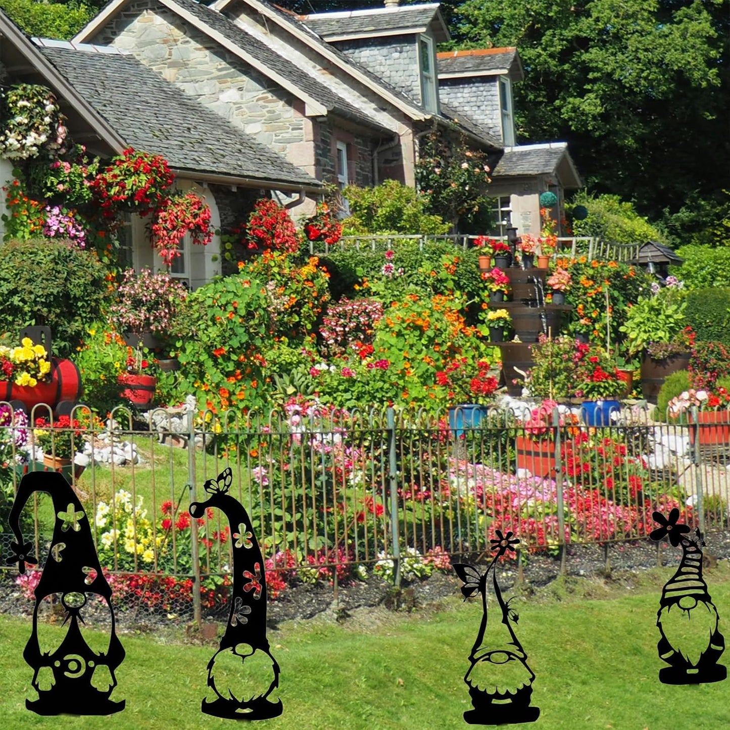 4PCS Metal Black Gnomes with Flower Garden Statues Garden Decor Outdoor Decorative Metal Art for Courtyard Yard Lawn