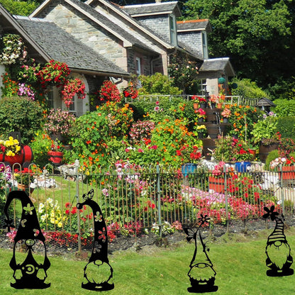 4PCS Metal Black Gnomes with Flower Garden Statues Garden Decor Outdoor Decorative Metal Art for Courtyard Yard Lawn