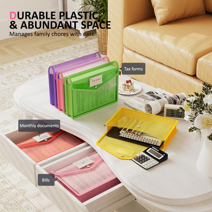 ThinkTex Plastic Expanding File Folder, Transparent Envelopes with Snap Closure,Suitable for Home, Office, School and Hospital, Large Capacity，No Dividers, Dopamine-5-Color, Fit Letter/A4 Size-5 Pcs
