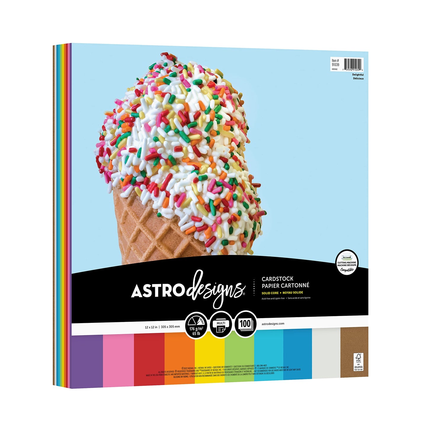 Astrodesigns Crafting Cardstock, 12" x 12", 65 lb/176 GSM, 10-Color Delightful Assortment, 100 Sheets (91039)