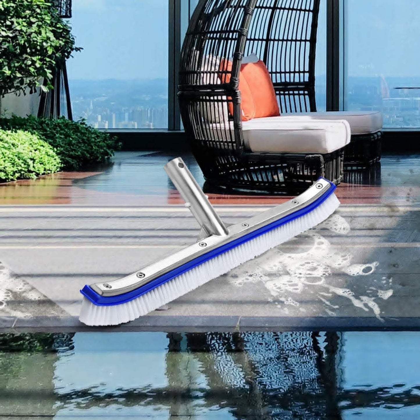 VABNEER Swimming Pool Brush 18 inches Durable Plastic Brush Head with Aluminium Handle and Enhanced Aluminium Back for Swimming Pool, Pond, Spa, Hot Spring, Tubs, Walls, Tile, Floors (Blue