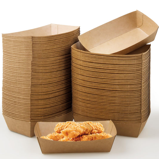 150 Pack Paper Food Boats,Brown Kraft Food Tray,Disposable Paperboard Serving Tray,Grease Resistant Fast Food Boat Basket Hot Dog Trays for Snack Tacos Nachos Popcorn Party Picnic Wedding Party (2LB)
