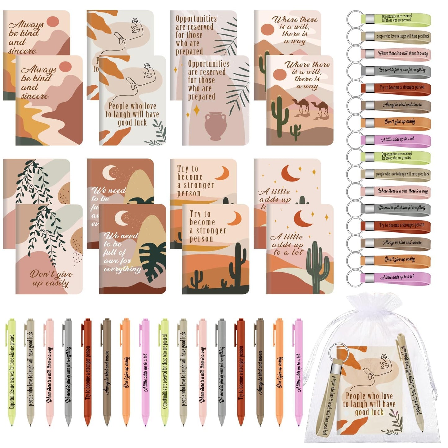 64 Pcs Motivational Mini Notebooks Bulk Set,16Pcs Motivational Quote Notebooks,16Pcs Ballpoint Pens,16Pcs Keychains,16Pcs Packaging Bags,Thank You Gifts for Teacher Colleagues