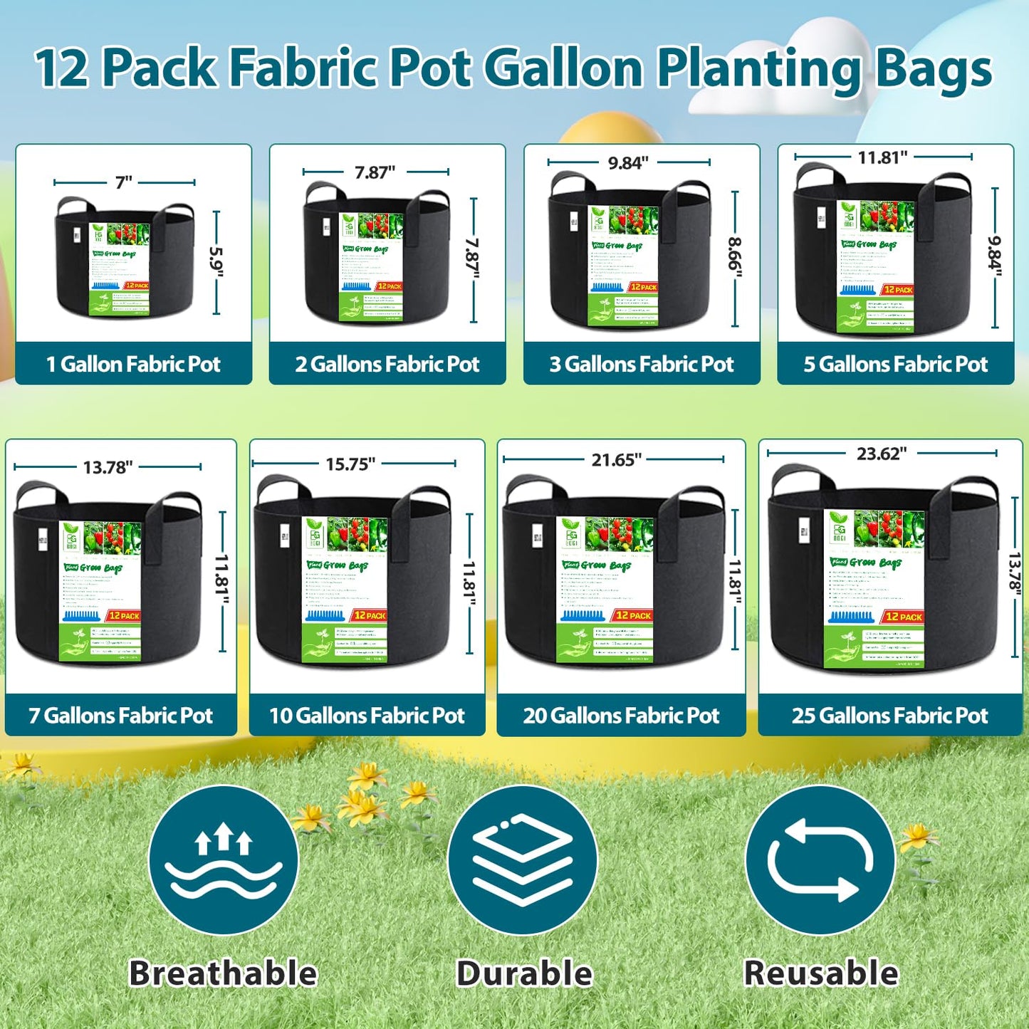BOGI Grow Bags 12 Pack 3 Gallon Grow Bags Heavy Duty Thickened Nonwoven Grow Bag with Durable Habdles Fabric Pot for Vegetable Flower Potato Garlic Indoor Outdoor Plants + 12 Waterproof Plant Labels