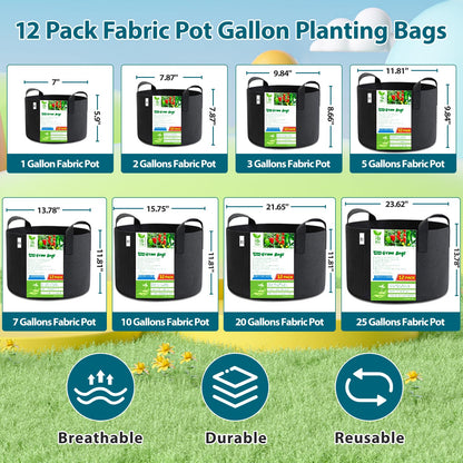 BOGI Grow Bags 12 Pack 3 Gallon Grow Bags Heavy Duty Thickened Nonwoven Grow Bag with Durable Habdles Fabric Pot for Vegetable Flower Potato Garlic Indoor Outdoor Plants + 12 Waterproof Plant Labels