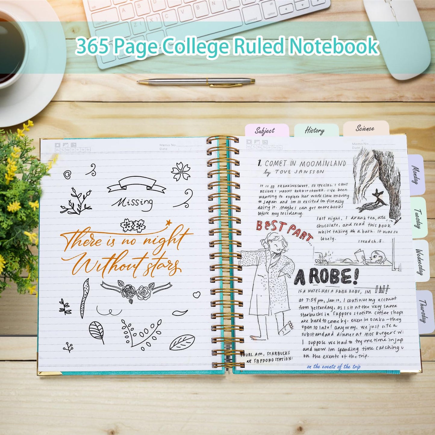 Spiral Notebook, 365 Page Hardcover Leather Notebook Journal, Large B5 Lined Journal for Women Men, College Ruled Notebooks for Work School, Journals for Writing, 24pcs Index Tabs, 8" x 10", Green