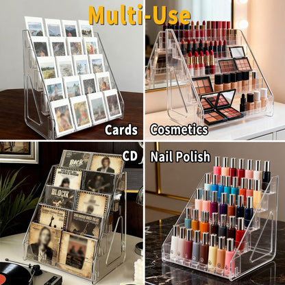 3-Tier Trading Card Display Stand – Transparent Vertical PET Rack for Standard Graded Card Slabs, Toploaders, Magnetic Holders, Sports Collections