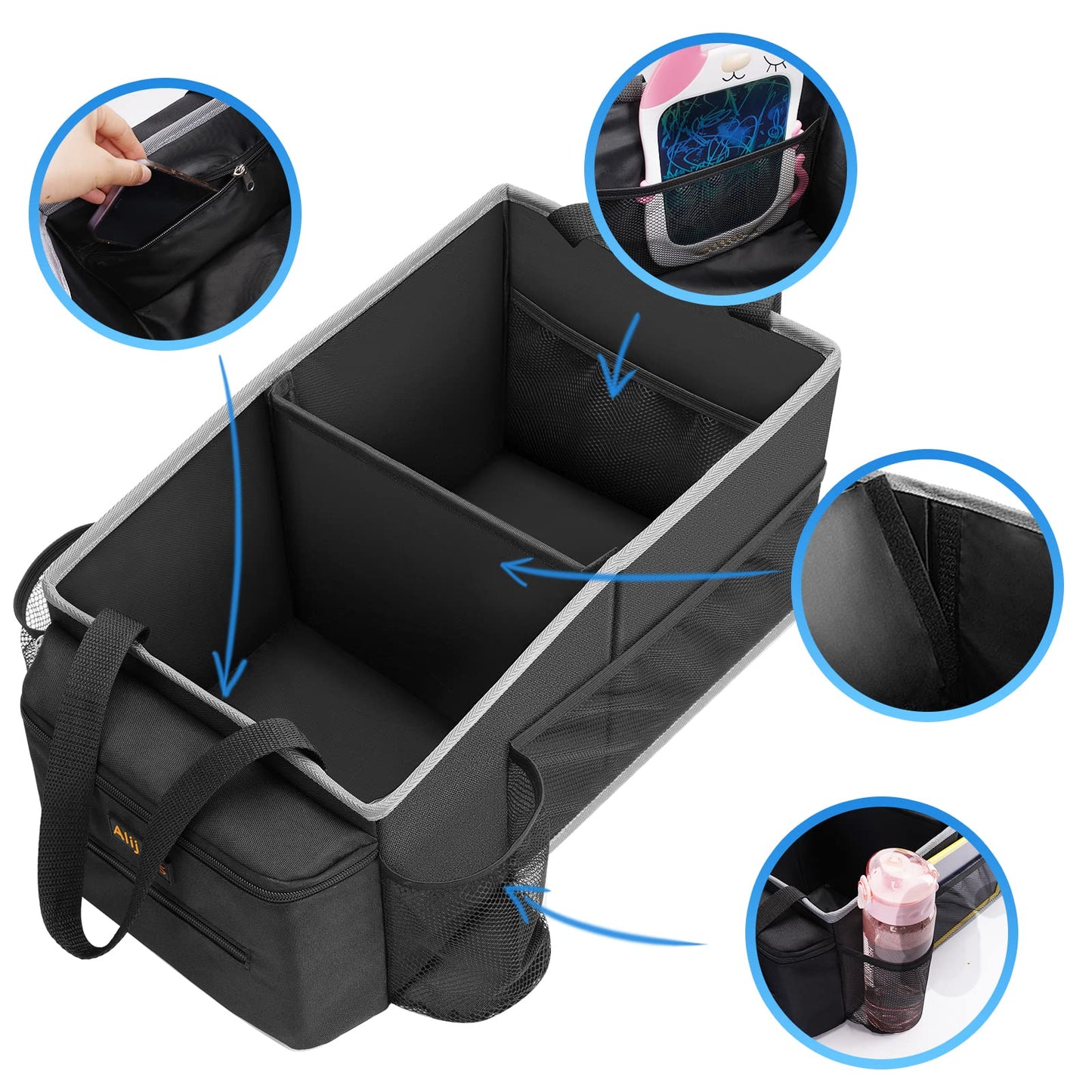 Car Organizer and Storage for Front Back Seat and Floor, Alijees Car Caddy Road Trip Essentials Kids, Automotive Travel Accessories Organization with Cup Holders, Tissue Box, Mesh Pockets