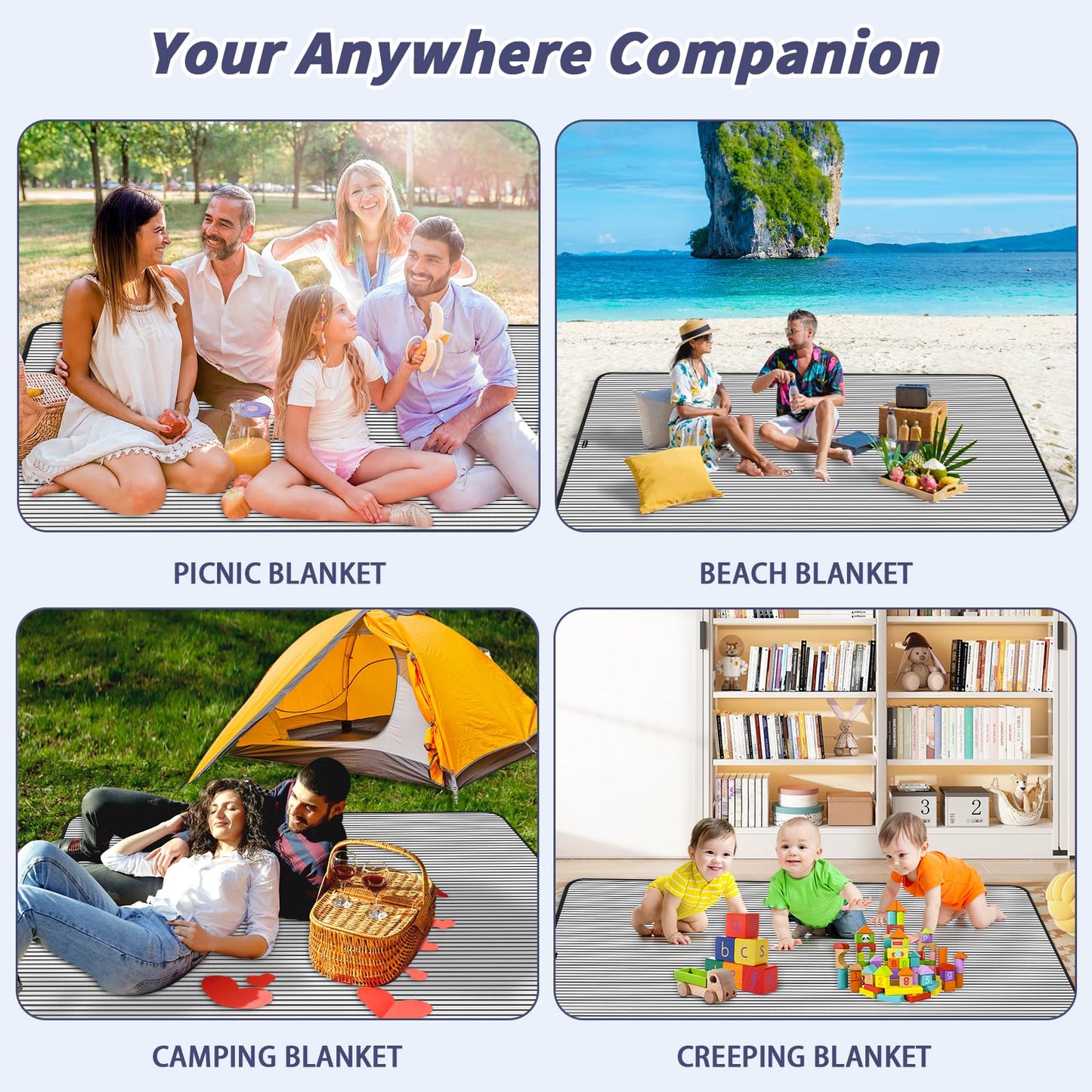 Aenithsy Picnic Blanket Waterproof, 59"x79" Picnic Mat with Carrying Handle, Foldable Washable Beach Blanket for Outdoor Activities, Park, Camping, Hiking(Blue Stripe)