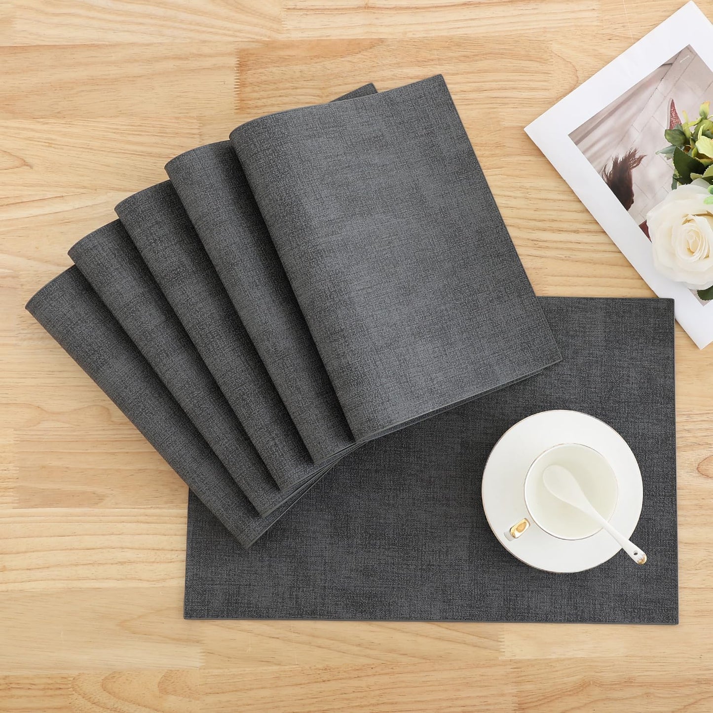 smiry Placemats for Dining Table Set of 6 - Heat Resistant Washable Place Mats for Kitchen Table, Faux Leather Waterproof Non-Slip Table Mat, 11.8" x 17", Dark Grey