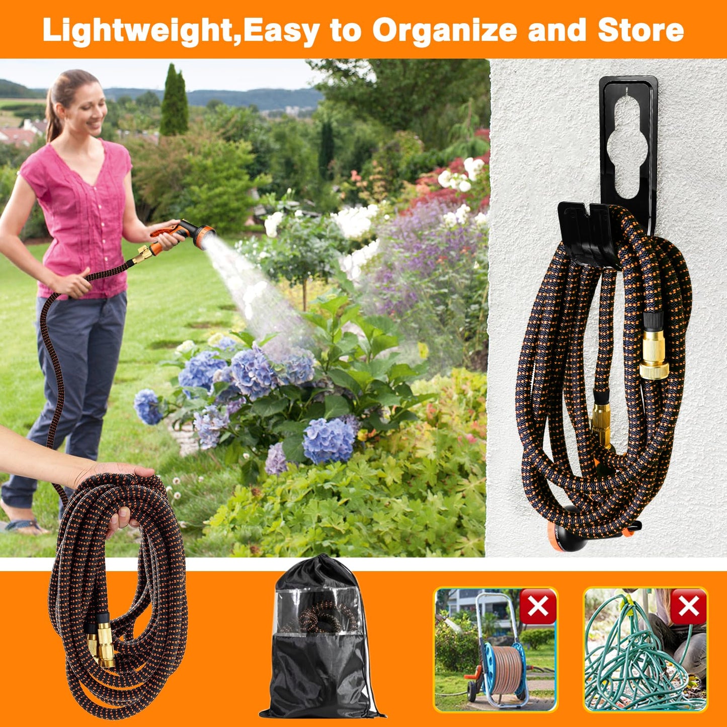 50FT Expandable Garden Hose with 10 Function Spray Nozzle,Flexible Lightweight Water Hose with 3/4”Solid Brass Fittings, Durable 4-Layers Latex,Expanding Retractable Gardening Pipe for Outdoor