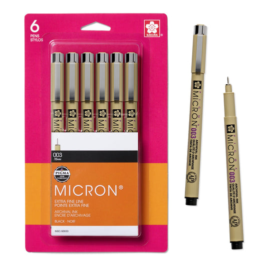 Sakura Pigma Micron Fineliner Pens - Archival Black Ink Pens - Pens for Writing, Drawing, or Journaling - Black Ink - 003 Point Size - 6 Pack