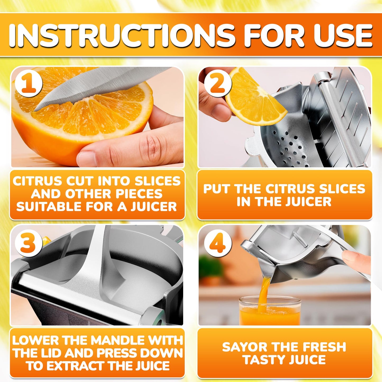 Aluminum Alloy Fresh Fruit Juice Extractor - Juice Squeezer Handheld, Ergonomic Grip, Easy to Use, 9.8" Length Hand Juicer Squeezer with 0.6L Capacity, Efficient Extraction of Citrus, and Other Fruits