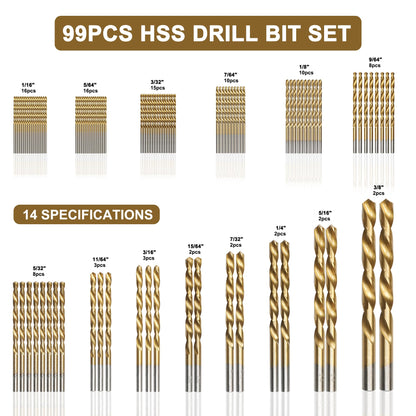 BeHappy 99 Pcs Drill Bit Set, 135° Tip Titanium Coated High Speed Steel, Twist Drill Bit Kit for Iron, Aluminum Alloy, Copper, Wood, Plastic, with Hard Storage 1/16“-3/8”