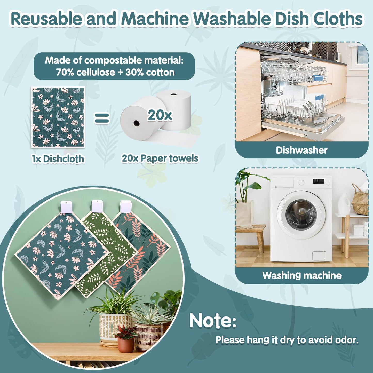 10 Pack Swedish Dishcloths Reusable- Cellulose Cotton Swedish Dish Towels Washable Kitchen Cloths with Hanging Clips, Reusable Paper Towels No Odor for Cleaning Dishes Home Decorative