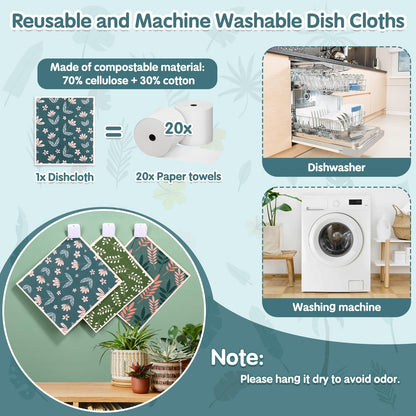 10 Pack Swedish Dishcloths Reusable- Cellulose Cotton Swedish Dish Towels Washable Kitchen Cloths with Hanging Clips, Reusable Paper Towels No Odor for Cleaning Dishes Home Decorative