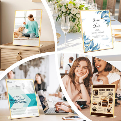 YOAEAILY Acrylic Gold Frames 8 x10, Slanted Back Gold Picture Frames Table Acrylic Sign Holder for Photos Wedding Table Numbers and Art Display with Removable Clear Sticky Dots