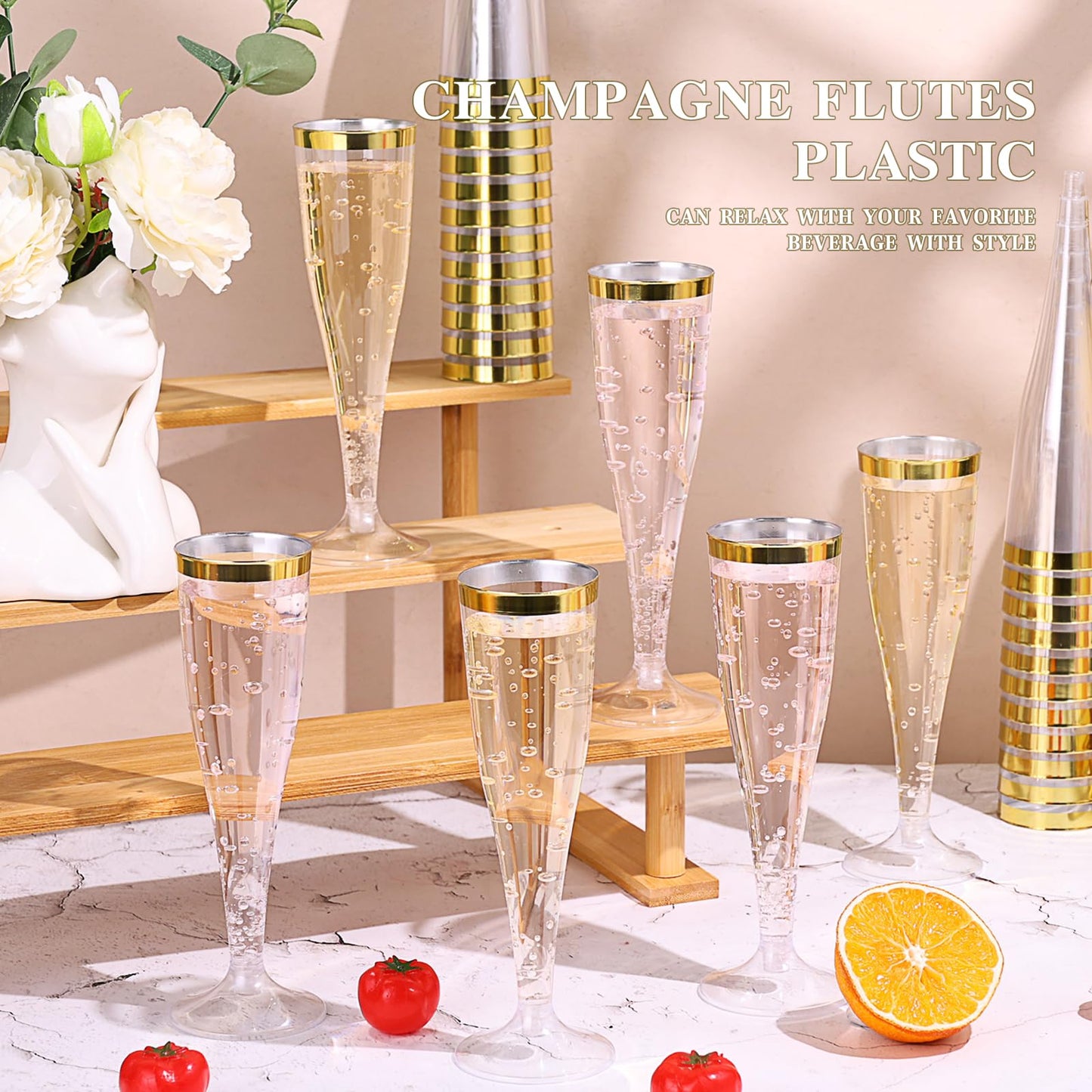 60 Pack Plastic Champagne Flutes, 4.5 OZ Clear Champagne Glasses with Gold Rim, Disposable Champagne Cups, Sturdy Plastic Toasting Glasses for Wedding Birthday Bridal Shower Party, Mimosa Bar Supplies