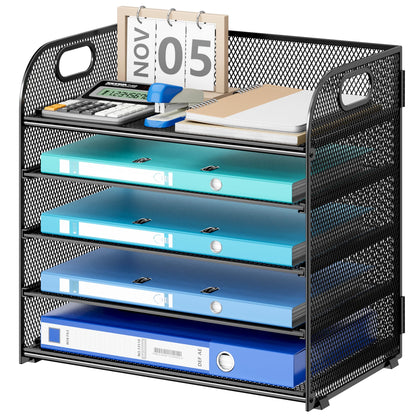 5 Tier Paper Desk Organizer with Handle and 1 Pcs Slideable Letter Tray, A4 Paper File Folder Sorter Metal Mesh Organizer for Home Office School Desk Supplies Organization Storage - Black