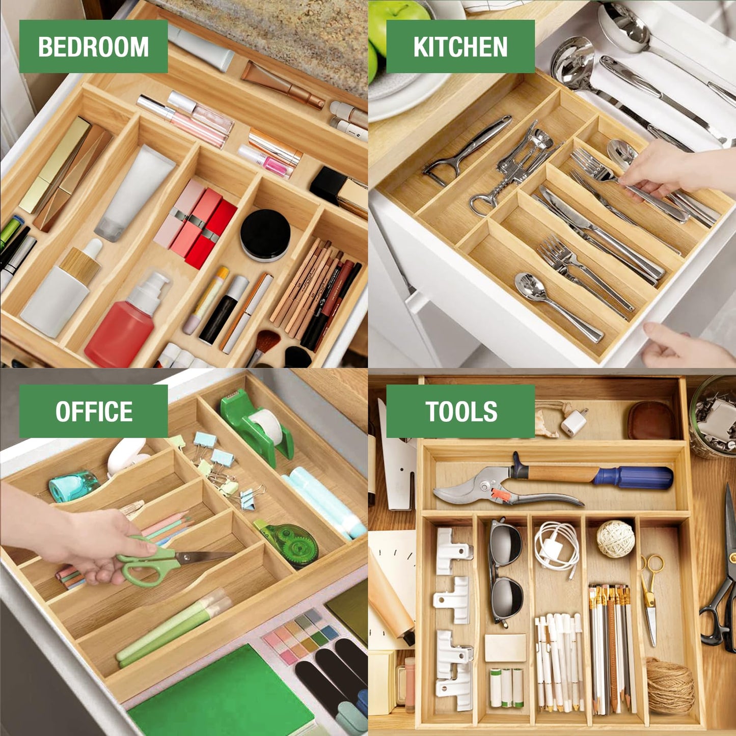 Silverware Organizer, Kitchen Drawer Organizer 13"× 17" Pine Wood Utensil Holder and Cutlery Tray with Grooved Drawer Dividers, 7 Compartment Utensil Tray Wood Caddy for Flatware Forks Spoon, Knives