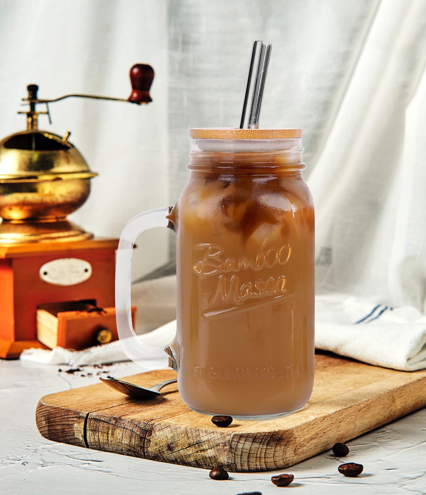 ANOTION Mason Jar with Lid and Straw, 24 oz Regular Mouth Mason Jars with Handle Drinking Glasses Tumbler Reusable Cups Smoothie Water Bottles for Iced Coffee (Classic 2 Cups Style)