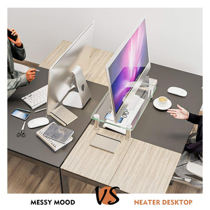 Clear Tempered Glass Computer Monitor Riser with Height Adjustable Multi Media Desktop Stand for Flat Screen LCD LED TV, Laptop/Notebook/Xbox One,HD01T-002