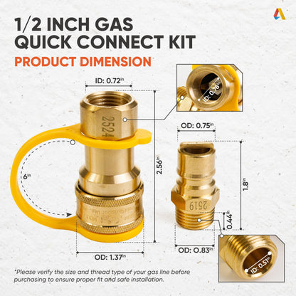 1/2-Inch Solid Brass Quick Connect & Disconnect Fitting Kit by Canamax – Female & Male Connector Set for Natural Gas Appliances, Heater or Grill (Accessory Only, No Gas Included)