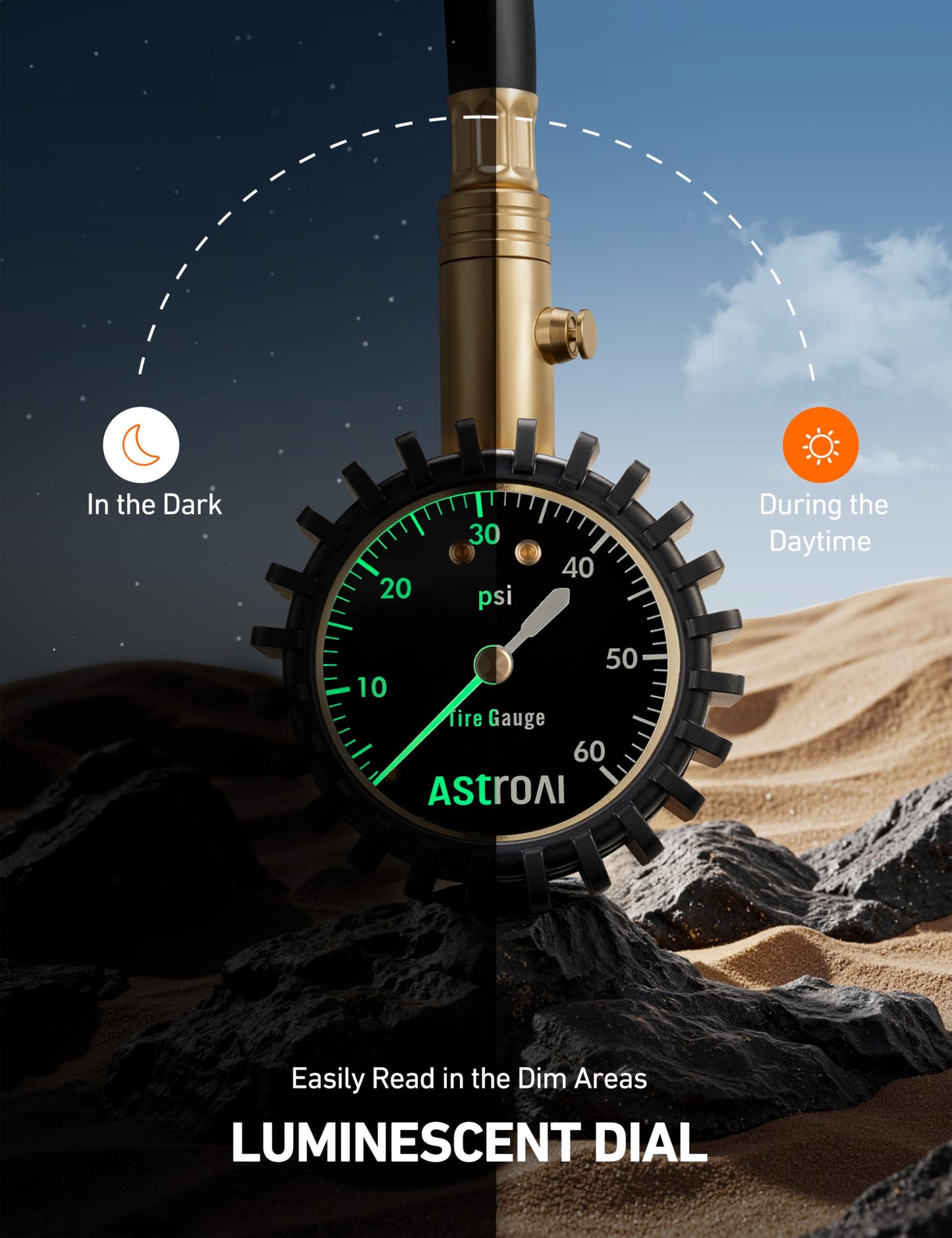 AstroAI Heavy Duty Tire Pressure Gauge 60 PSI with Large 2" Easy Read Glow Dial, Durable Rubber Hose and Solid Brass Construction, Professional Mechanical Tire Gauge for Motorcycles, Cars, Bicycle