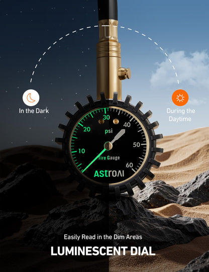 AstroAI Heavy Duty Tire Pressure Gauge 60 PSI with Large 2" Easy Read Glow Dial, Durable Rubber Hose and Solid Brass Construction, Professional Mechanical Tire Gauge for Motorcycles, Cars, Bicycle