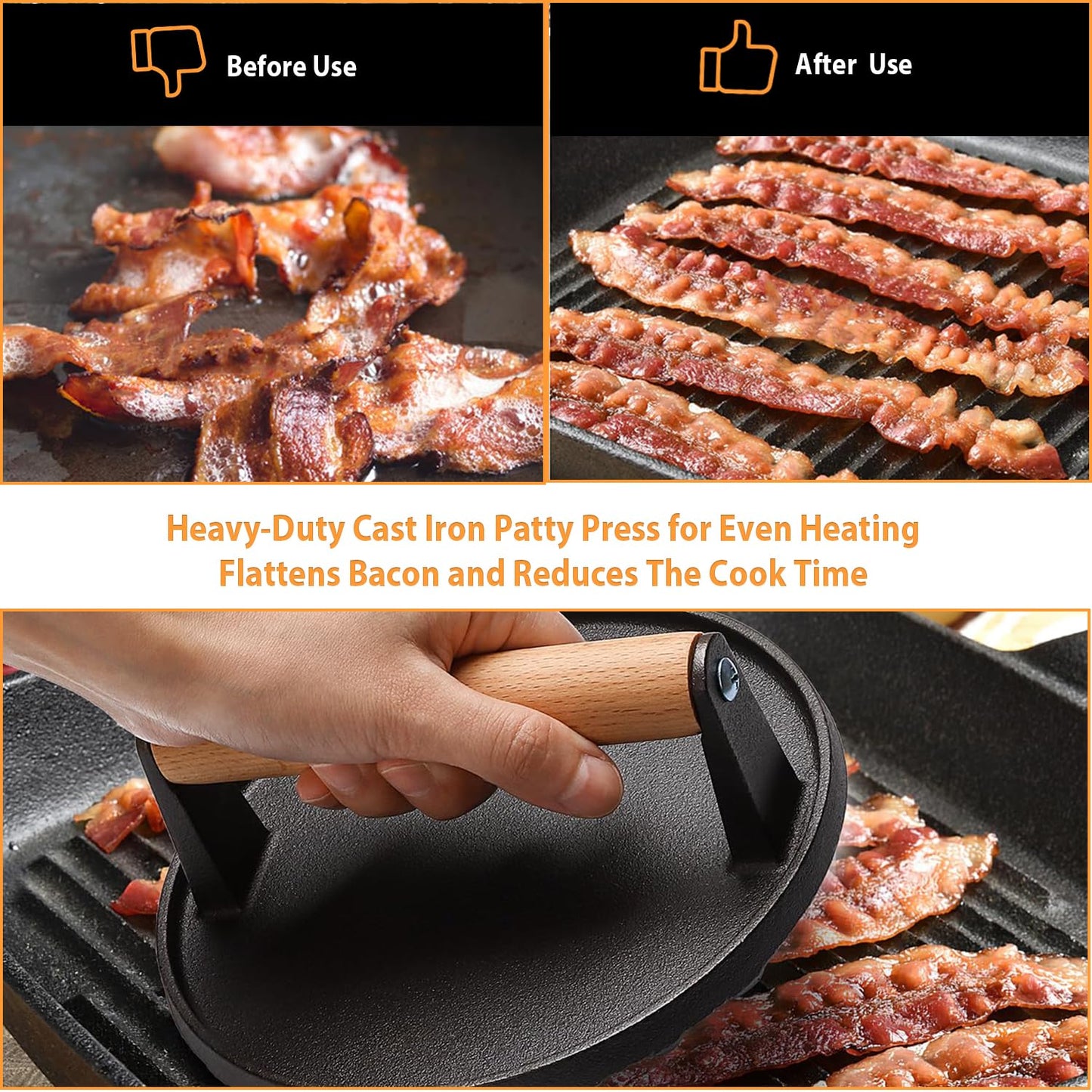 Smash Burger Press kit - 2 lb Heavy Duty Cast Iron Burger Press - 3 in 1 Hamburger Patty Maker Mold - 50 Patty Papers,100 Bamboo Skewers, Round Bacon Press for Blackstone Griddle Accessories