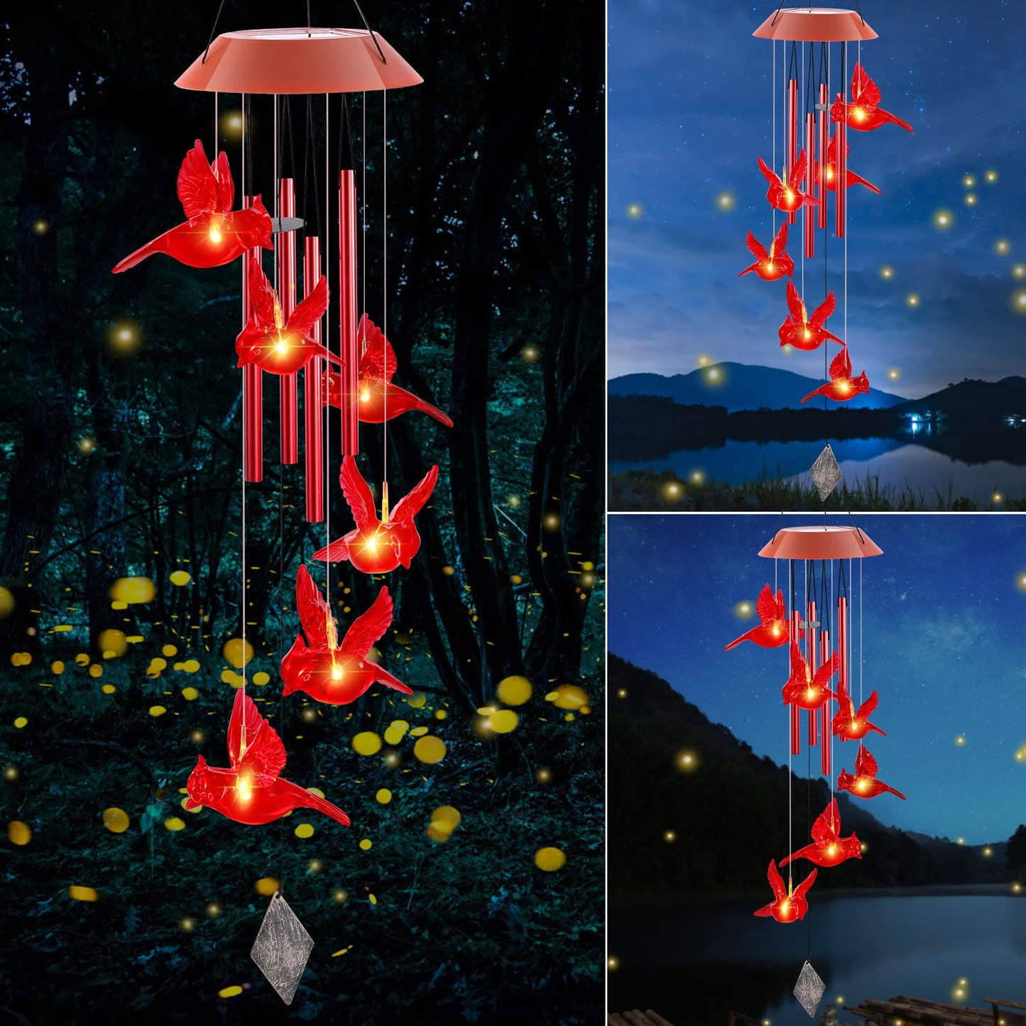 Cardinal Solar Wind Chimes,Red Bird Chimes for Outside Garden Decor, Garden Gifts Women Birthday/Thanksgiving/Christmas, for Mom Grandma